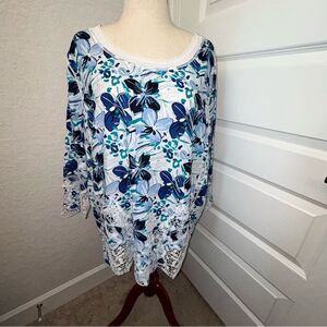 Chico’s Exploded Floral Print Scalloped Hem Sleeve Tunic Shirt Blouse Top Chicos